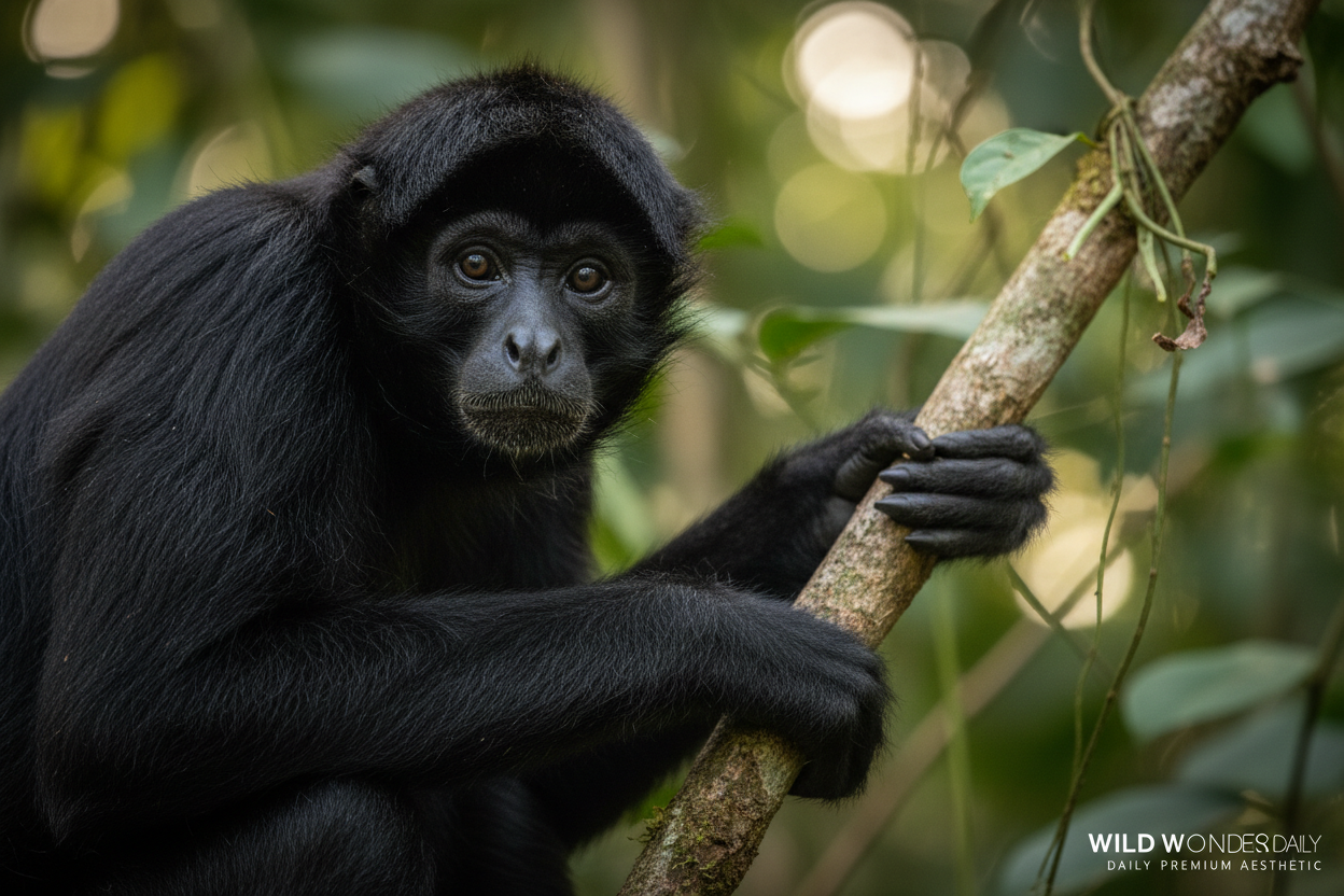 Black spider monkey close-up portrait with jet black fur