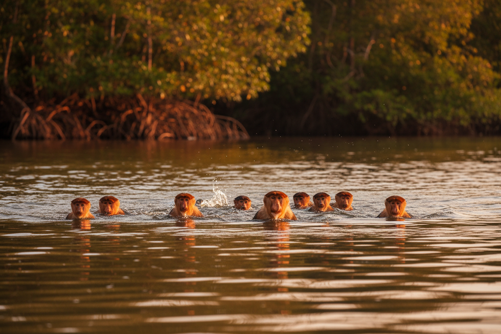 Proboscis monkey troop crossing Borneo river