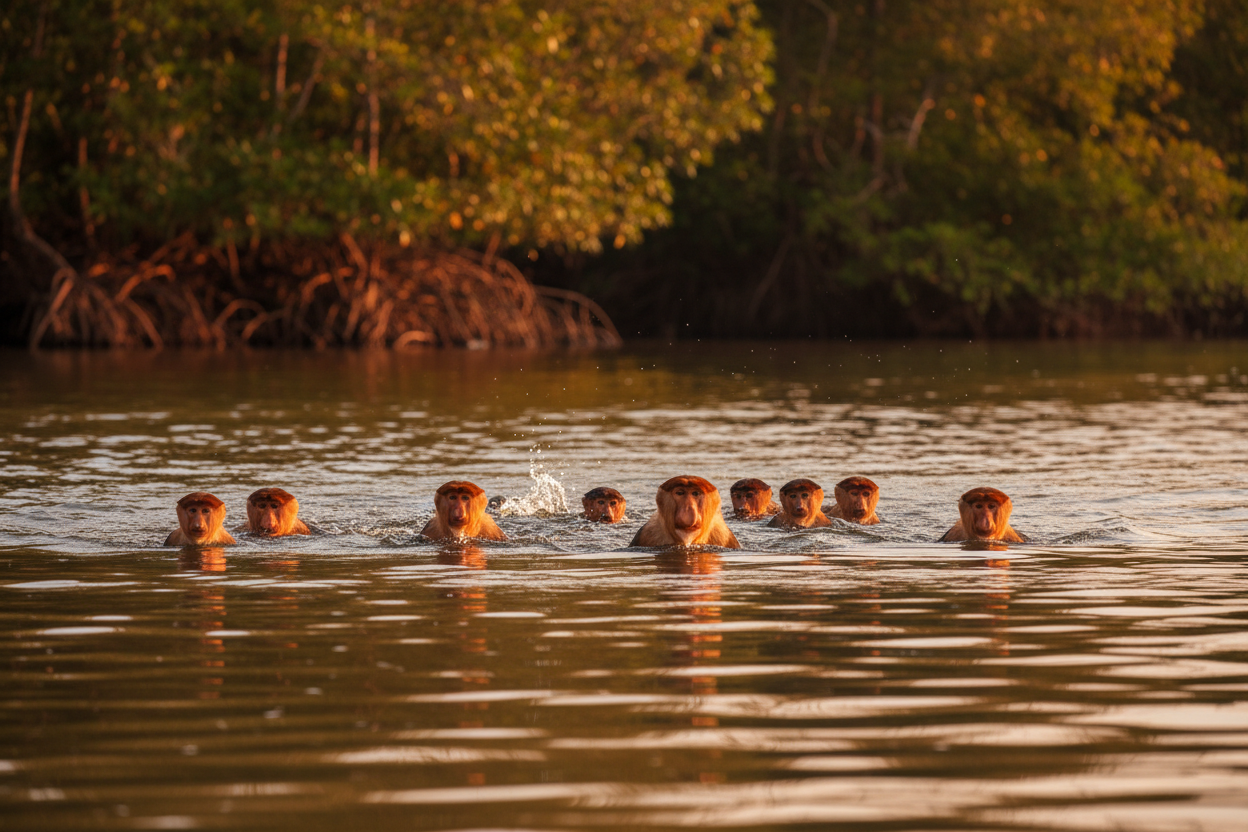 Proboscis monkey troop crossing Borneo river