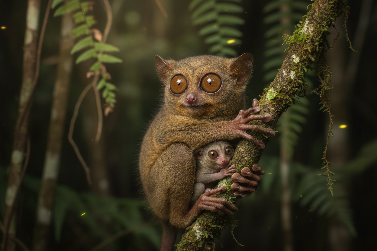 Tarsier mother and infant in Philippine rainforest