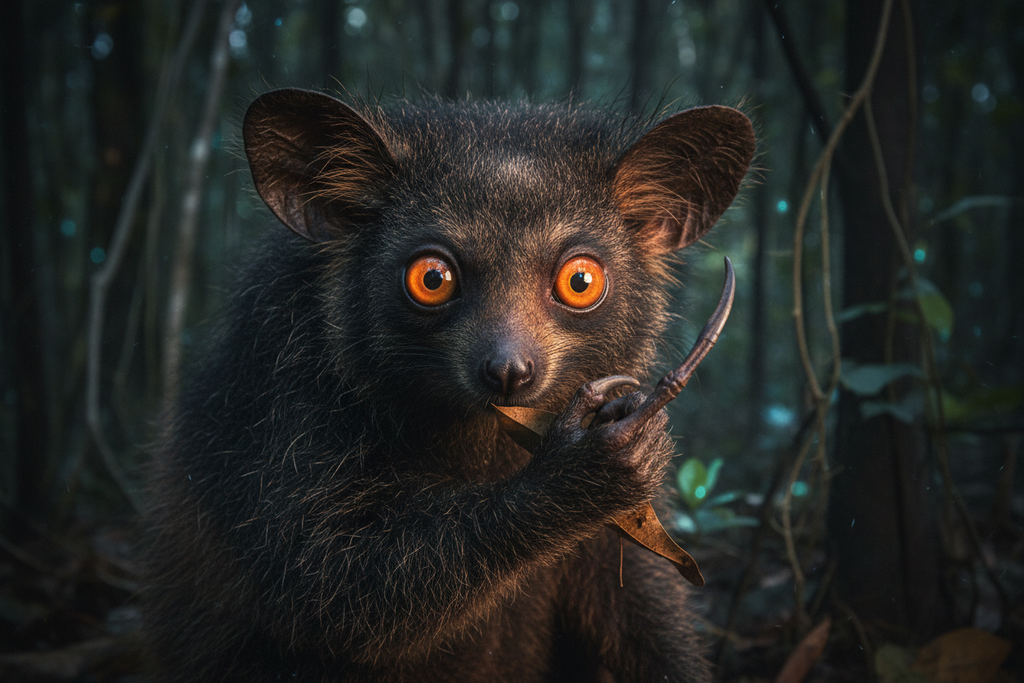 Aye-aye extreme close-up portrait showing enormous eyes and skeletal finger