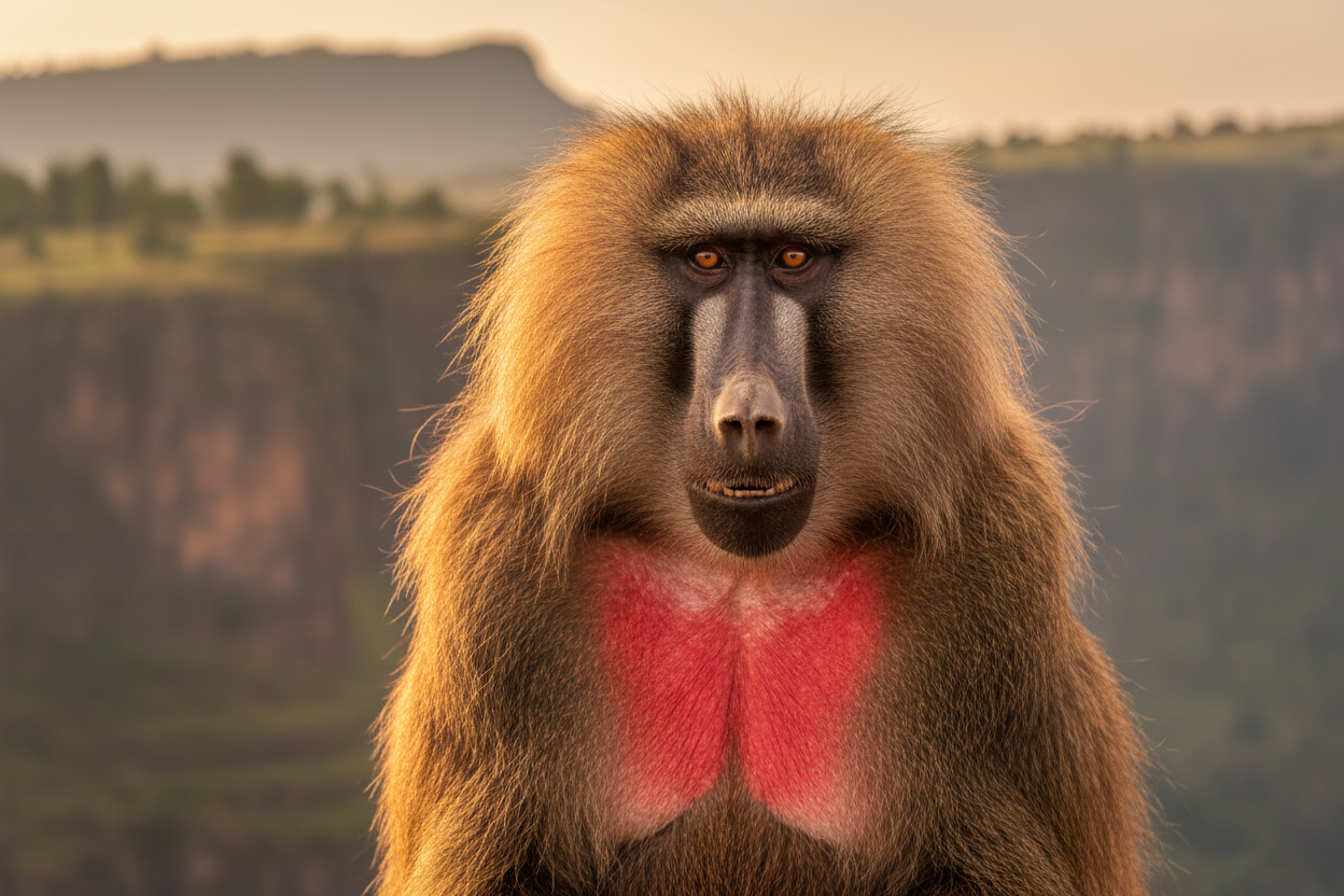 Gelada baboon close-up showing vivid red chest patch
