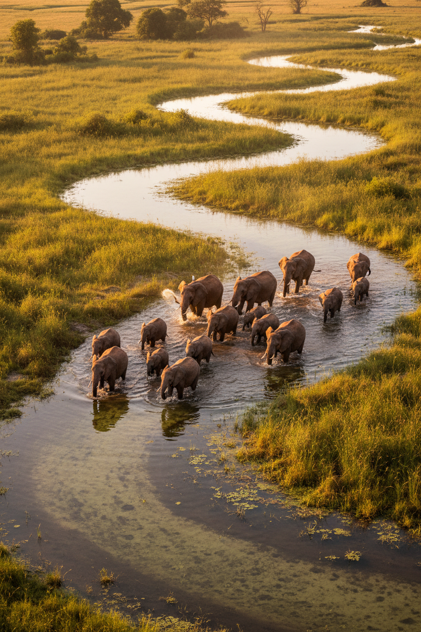 Elephants wading through Okavango channels