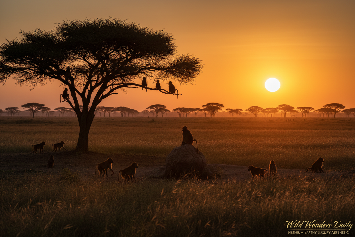 Olive baboon troop at sunset on African savanna