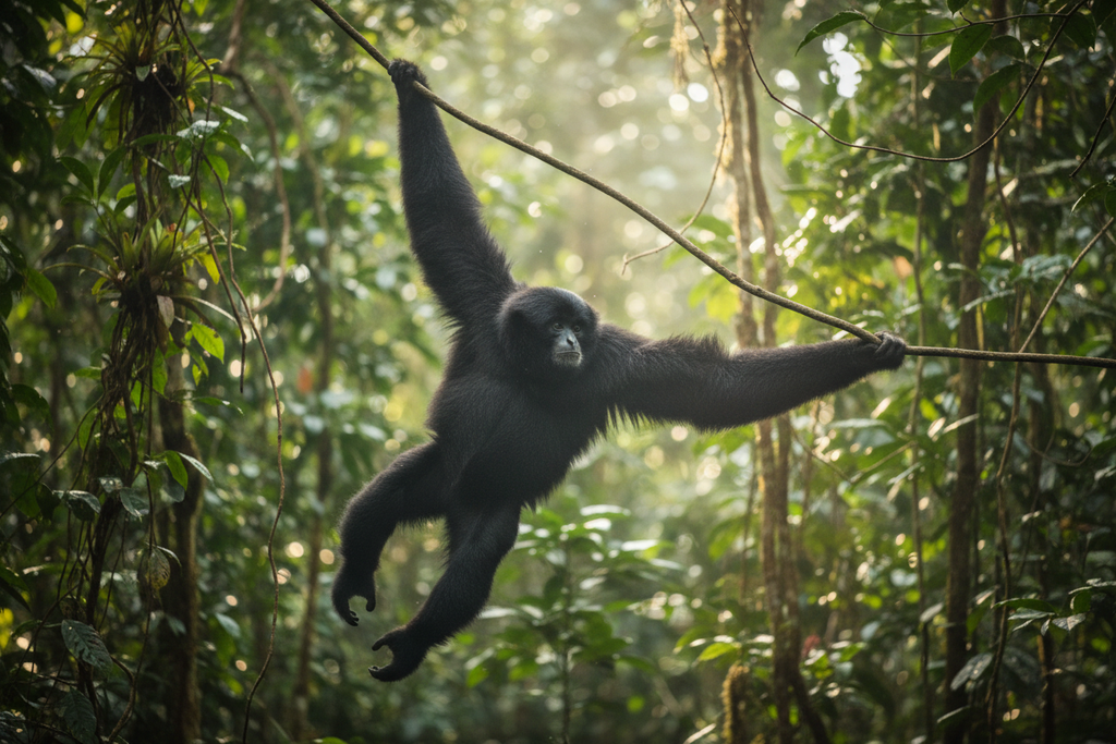 Siamang brachiating through Sumatran rainforest canopy