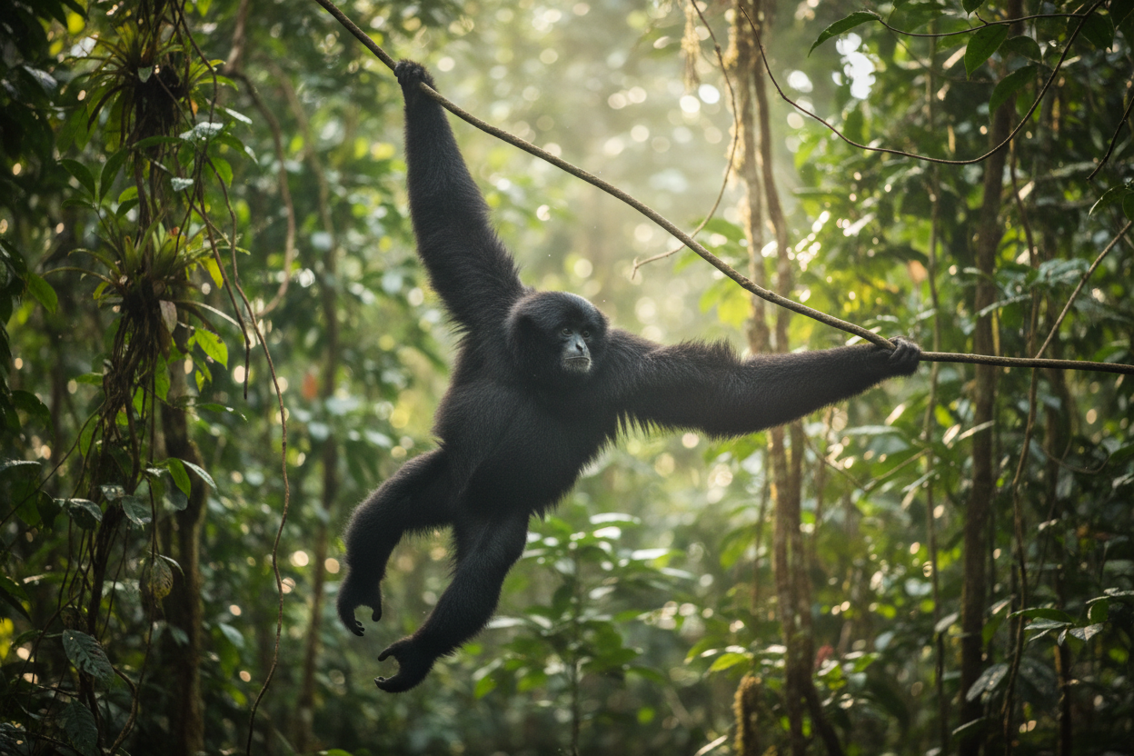 Siamang brachiating through Sumatran rainforest canopy