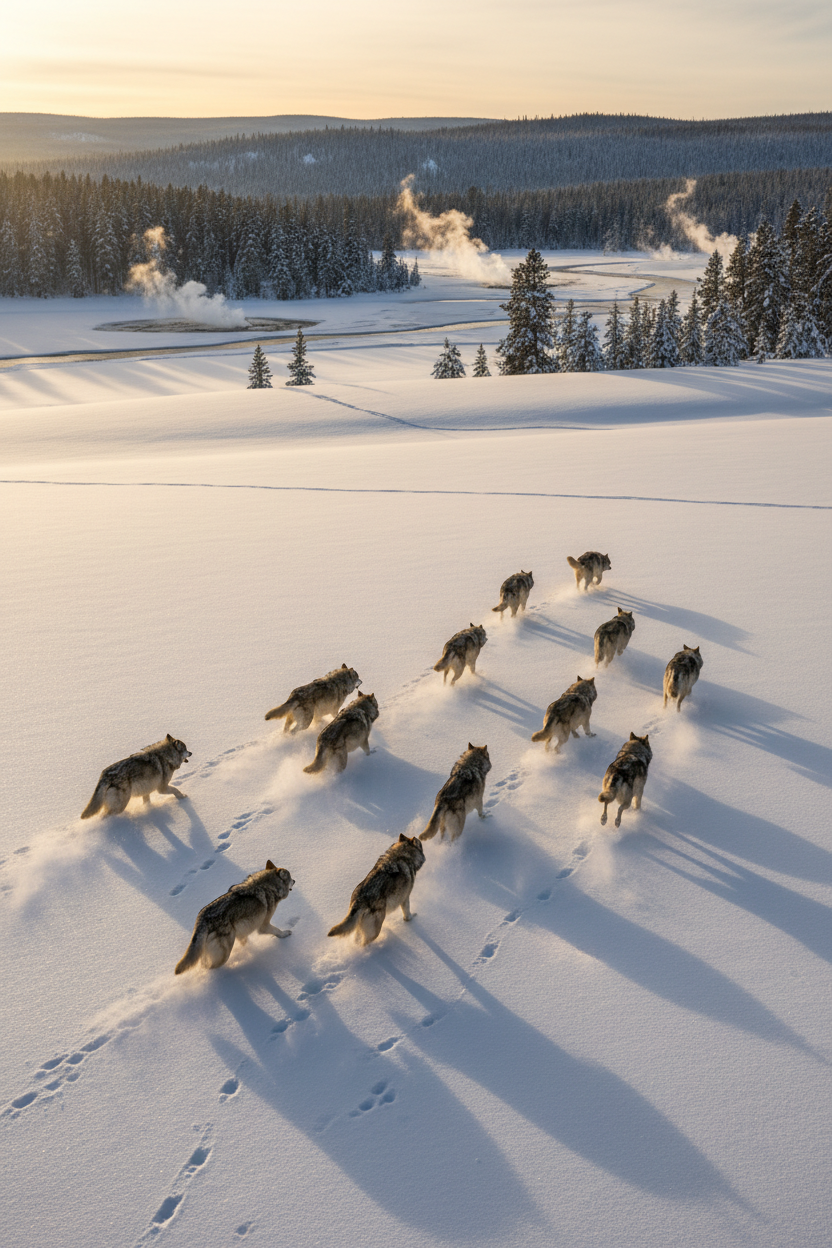 Wolf pack running through Yellowstone snow