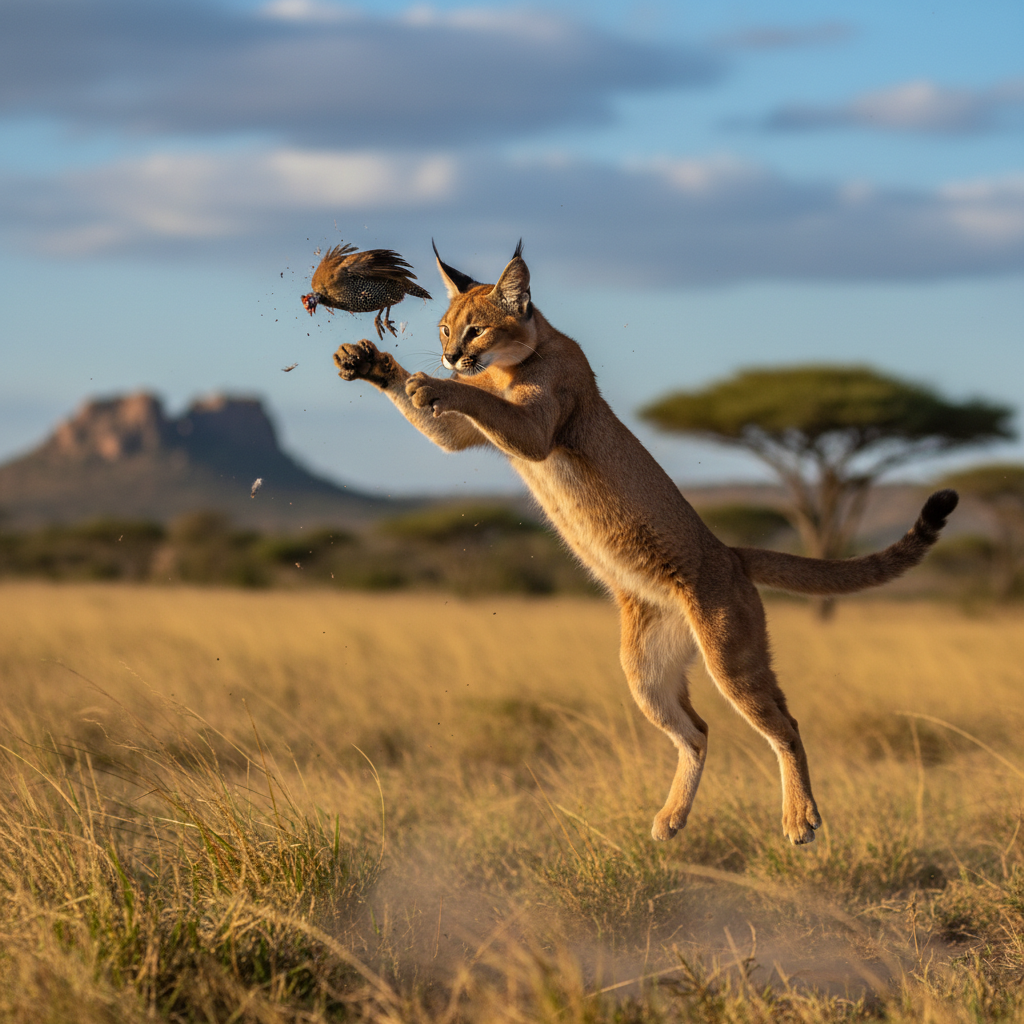 Caracal leaping for bird