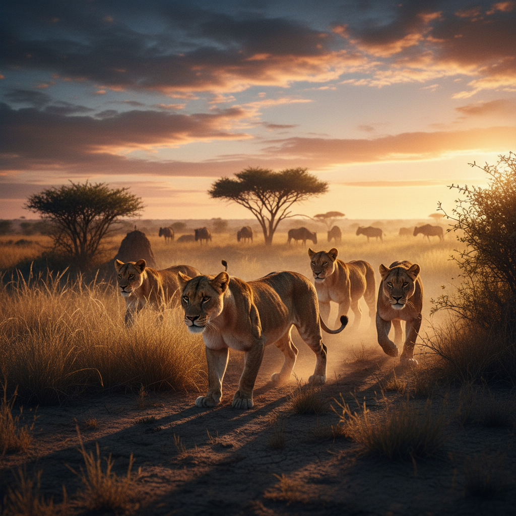 Lion pride hunting at dusk in African savanna