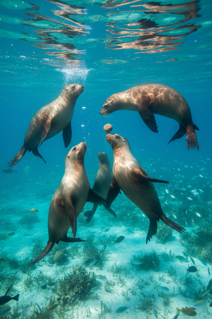 Galapagos sea lions underwater