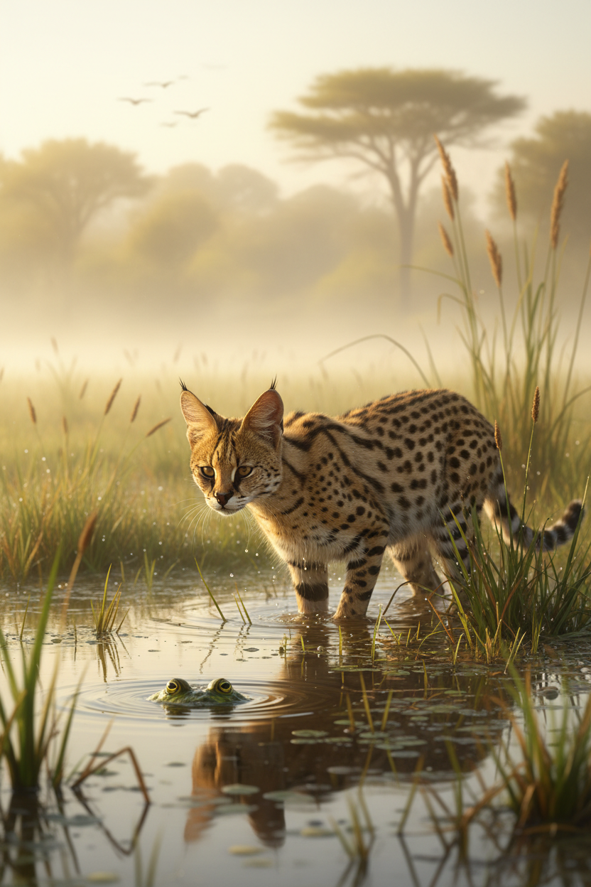 Serval wading in wetland