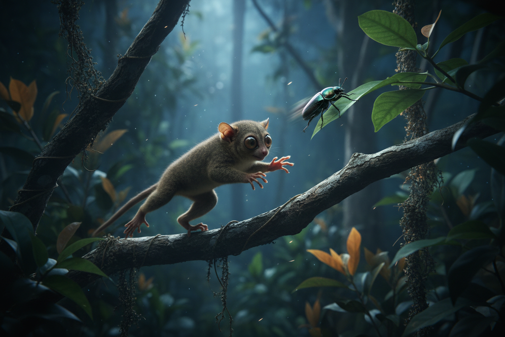 Tarsier hunting insect prey mid-leap at night